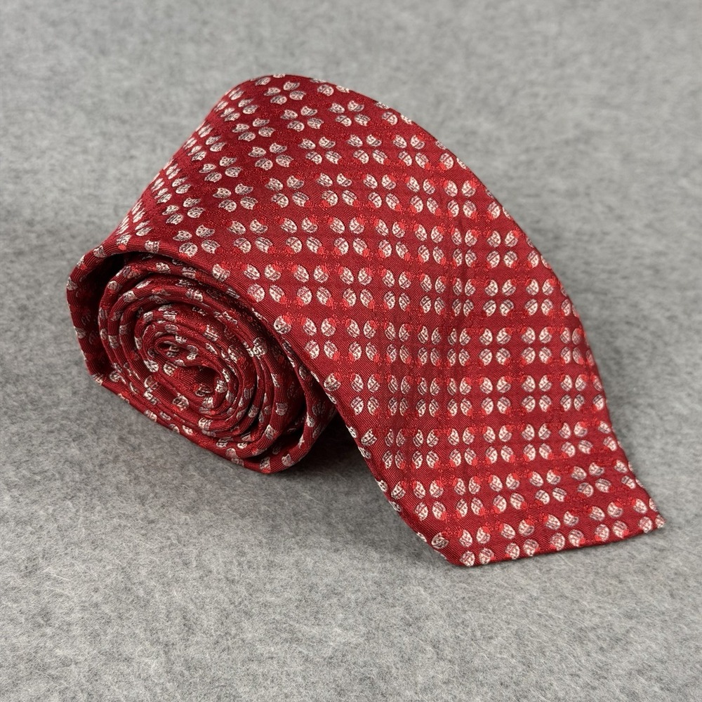 Vintage Jan Leslie Red Silk Tie Silver Ladybug Pattern Italy Luxury 59x3.25"